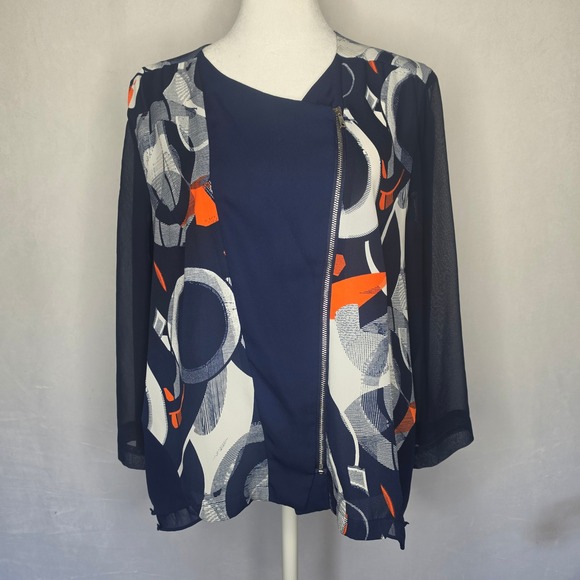 Chico's Tops - Chicos Navy Abstract Print Asymmetric Zip Blouse Sheer Sleeve size 2